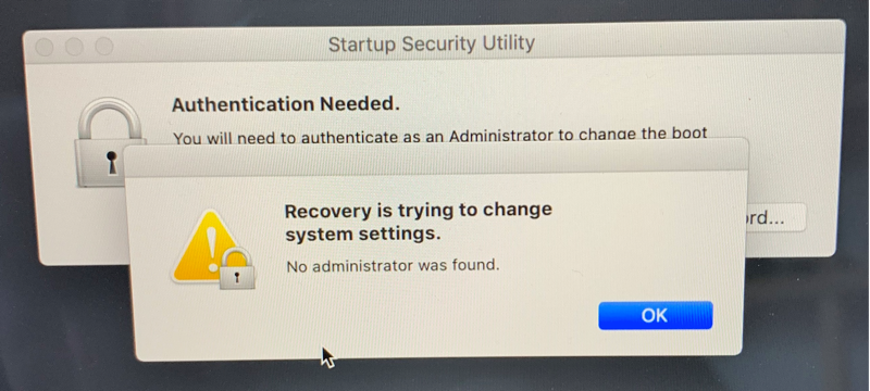 Startup Security No Administrator Found